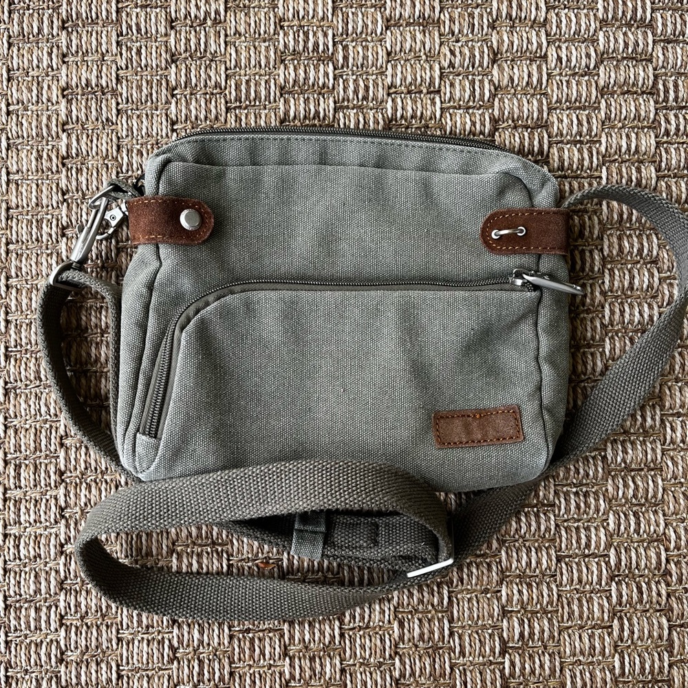 Travelon Green and Brown Messenger Bag with Canvas Design